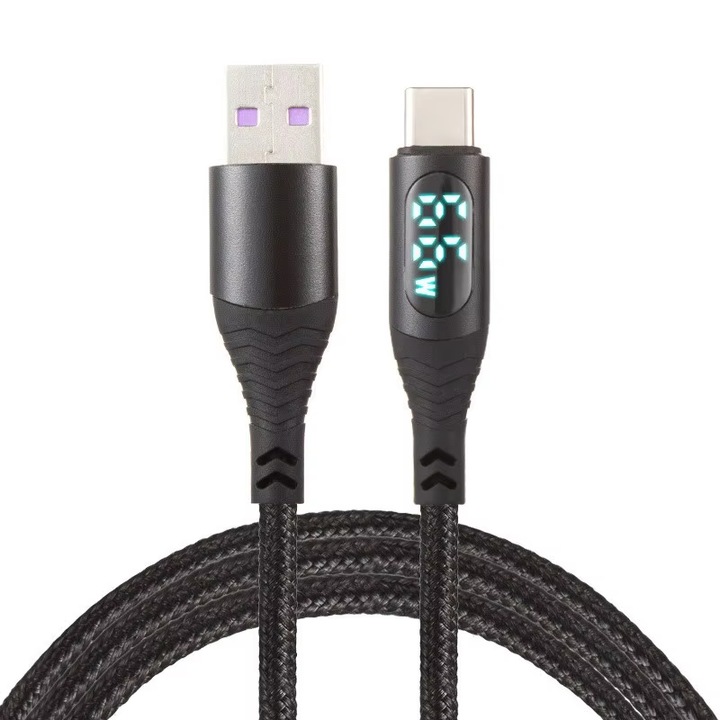 Кабел за данни и бързо зареждане 60W, AHA PRINT, с дисплей, FastCharge 20V3A, за Iphone 15 и 16, Samsung, универсален, интелигентен чип за ограничаване на мощността, със защита, бързо и безопасно зареждане, PREMIUM TEXTIL, USB-A към USB-C , тип C, черен
