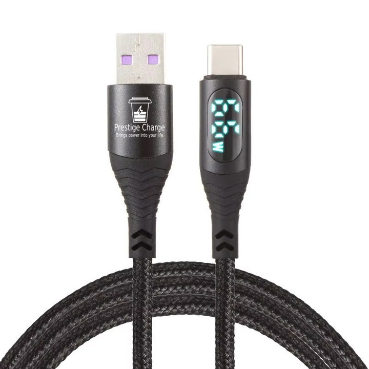 Cablu USB la USB-C PRESTIGE CHARGE®, Transfer Date si Incarcare FastCharge 60W, cu Display, Compatibil Telefon, Tableta, Universal, Cip Inteligent Limitare Putere, cu Protectie, Incarcare Rapida si Sigura, Textil Premium, 1m, Negru