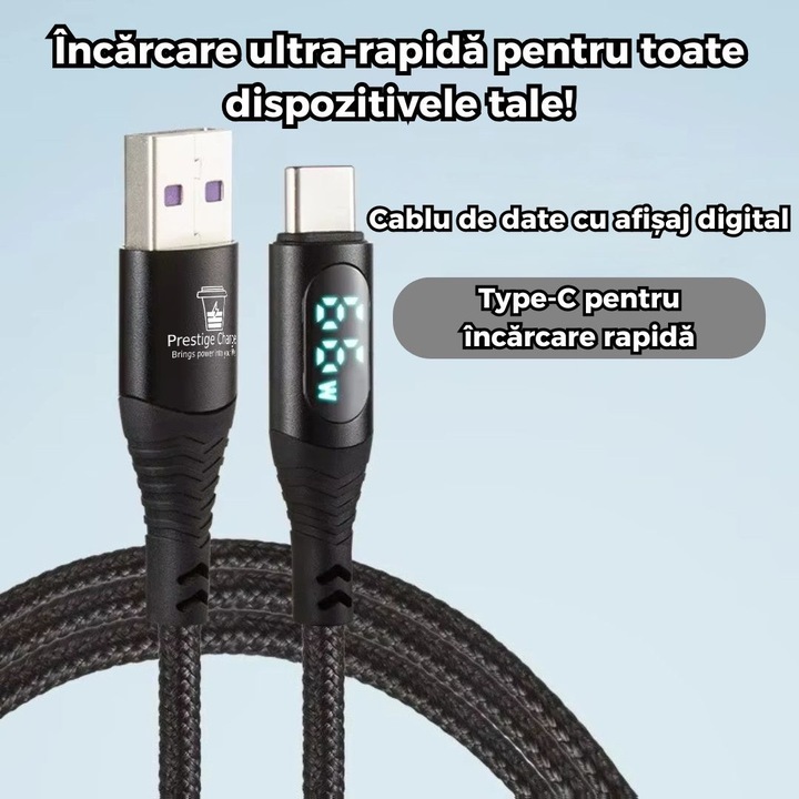 Cablu USB la USB-C PRESTIGE CHARGE®, Transfer Date si Incarcare FastCharge 60W, cu Display, Compatibil Telefon, Tableta, Universal, Cip Inteligent Limitare Putere, cu Protectie, Incarcare Rapida si Sigura, Textil Premium, 1m, Negru