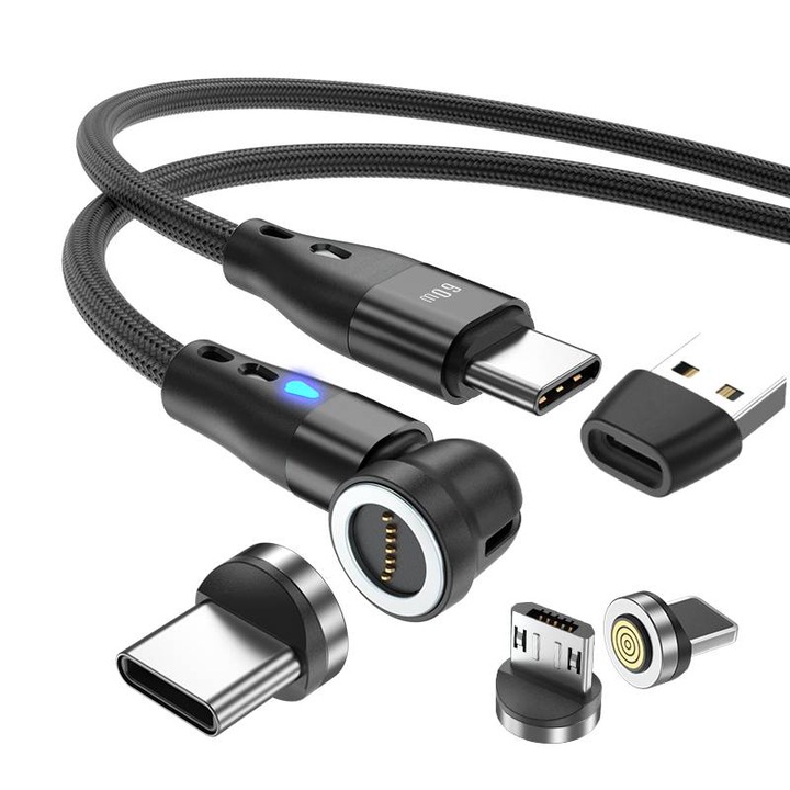 Adat- és gyorstöltőkábel AHA PRINT®, 6 az 1-ben, USB/USB-C a C típusba, Lightning, Micro-USB, mágneses fej, 180-360 fokos elforgatás, kompatibilis SuperFastCharge Iphone, Samsung, Huawei, Xiaomi, laptop, TEXTIL PREMIUM, Max 60W, Fekete, 2m