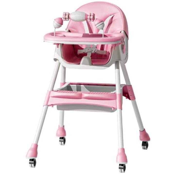 Scaun de masa “Pink Candy by KOTA BABY “bebelusi si copii, multifunctional, pliabil, tavita detasabila, spatar ajustabil, roti detasabile, roz