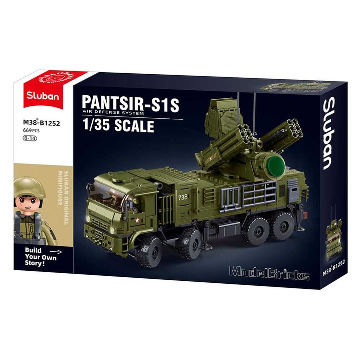 Set de constructie Sluban, vehicul militar Pancyr-S1, 669 piese, 3 figurine, verde, pentru varsta 8+