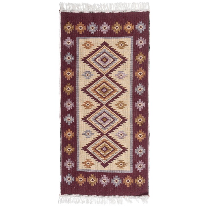 Covor cu tassels, e-floor, Kilim, Boho, Tassels, bumbac, 60x120 cm, Pruna