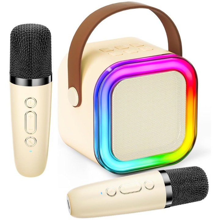 Set 2 Microfoane Karaoke si Boxa Velixo®, Wireless, Bluetooth, Lumina LED RGB, Sunet Stereo 3D, 5 Efecte Vocale, MicroSD Card, Aux, pentru Petreceri, Spectacole, Copii si Adulti, Portabil, Cablu USB Type-C Inclus, Crem