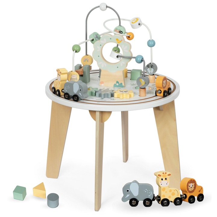 Masuta Educationala MONTESSORI din Lemn Natural MasterKid™ cu Trenulet Magnetic in Forme de Animalute, Traseu de Margele, Suprafata cu Oglinda, Activitati Senzoriale