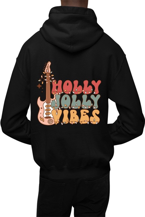 Hanorac barbati cu imprimeu spate, Craciun - Holly Jolly Vibes 6, Bumbac, Negru, 2XL
