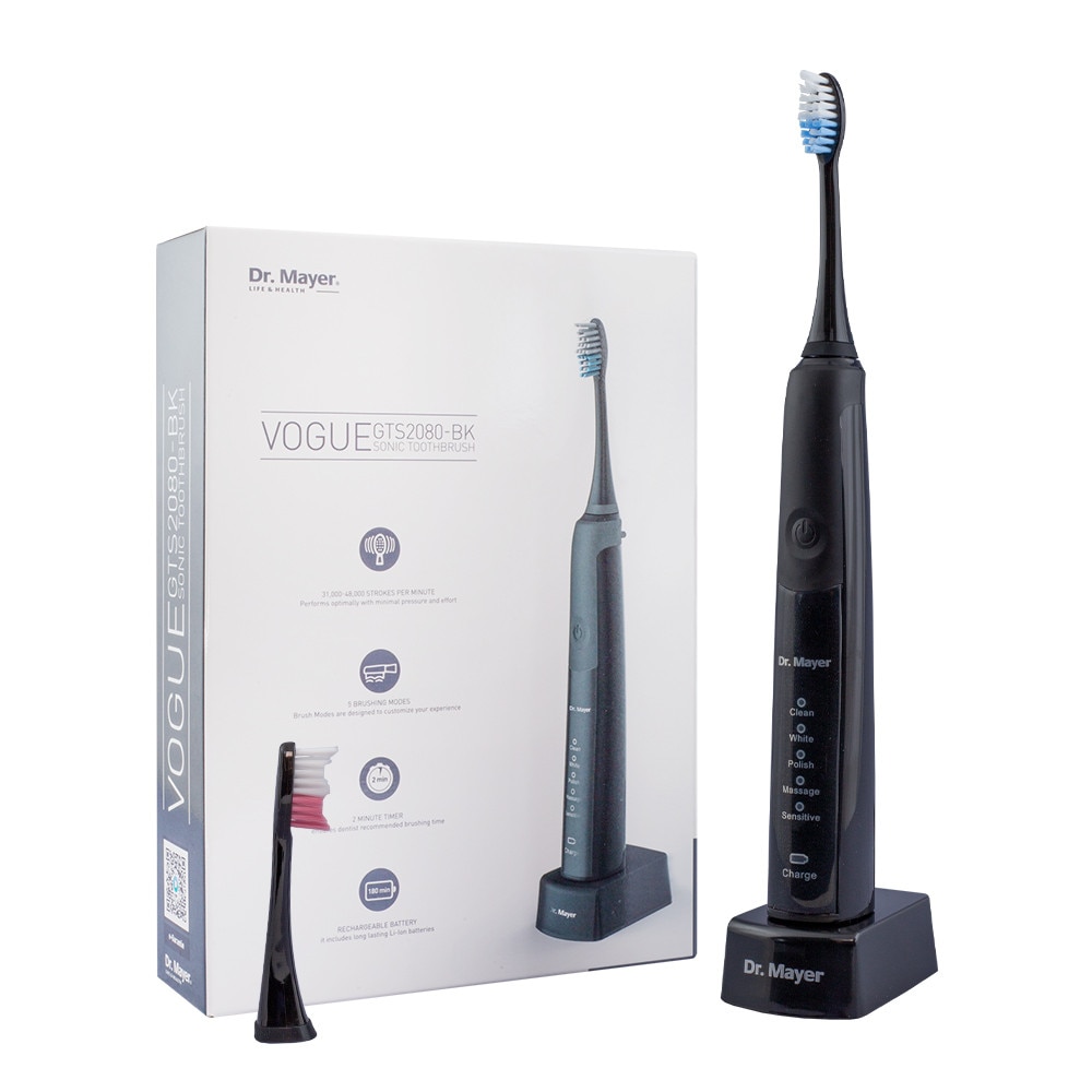 Periuta electrica sonica Dr. Mayer GTS2080BK negru, pana la 48 000 PM/min, 5 moduri de curatare, timp de utilizare pana la 180 min, Design impermeabil IPX7, silentioasa, 2 capete p