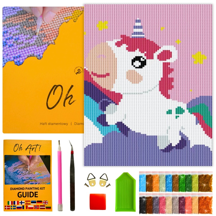 5D Комплект за диамантена бродерия с рамка - Диамантена картина 20x30 см, Направи си сам еднорог, диамантен гоблен с животни за възрастни и деца - Oh Art!