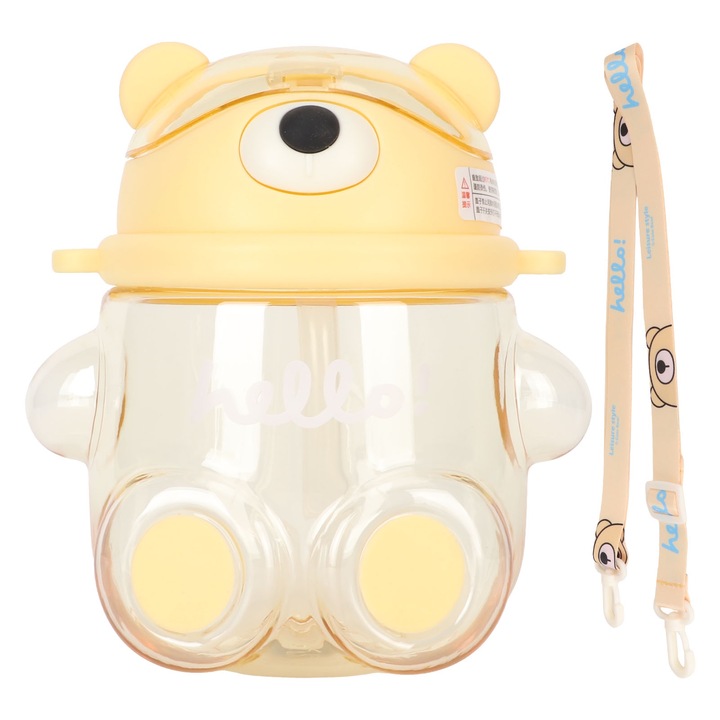 700 ml-es medve kulacs gyerekeknek szívószállal, állítható pánttal, aranyos Kawaii rajzfilm vizespalack vásárláshoz, túrázáshoz, sárga, Enforose
