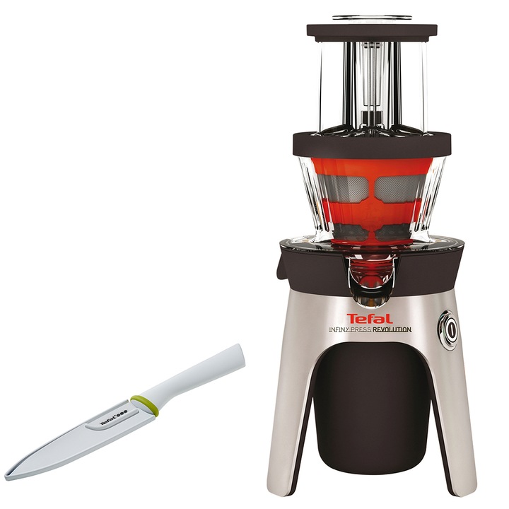 Storcator de fructe si legume cu melc Tefal Infini Press Revolution ZC5008SC, 300 W, Recipient suc 1 l, Recipient pulpa 2 l, Negru/Inox + Cutit universal ceramic ZEN