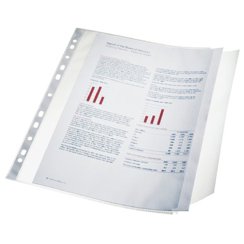 Set folii de protectie Esselte, cu clapa laterala, A4 standard, 90 mic, 10 bucati Set folii de protectie Esselte, cu clapa laterala, A4 standard, 90 mic, 10 bucati