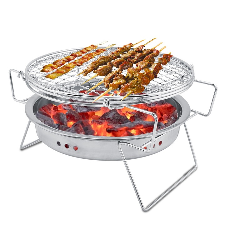 Grill mini BBQ din otel inoxidabil, pliabil, portabil, rotund, pentru camping in aer liber, terasa