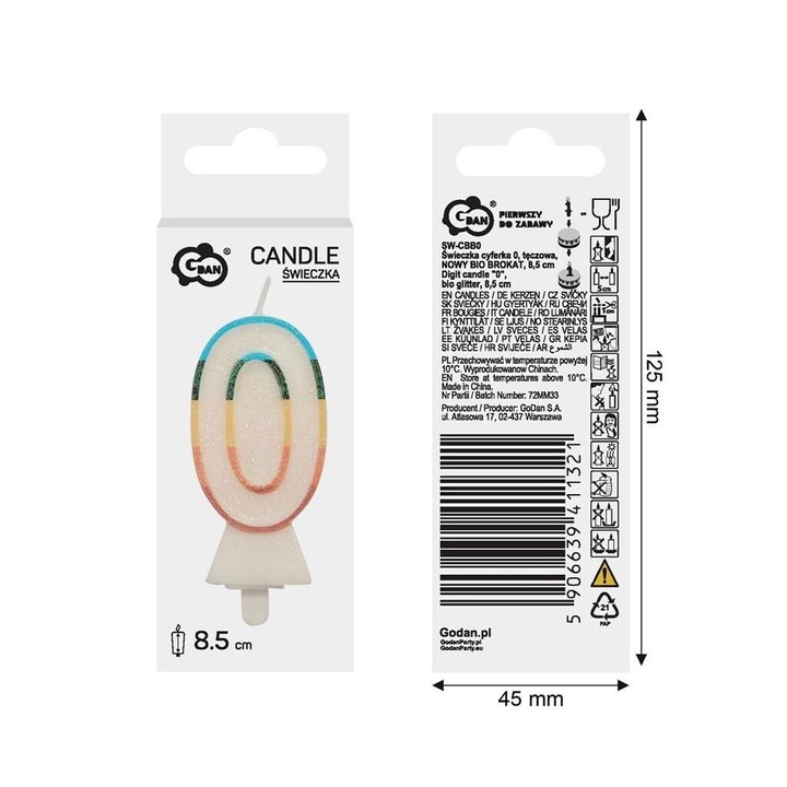 Gyertya cifra 0, Godan, szivárványos, 8,5cm