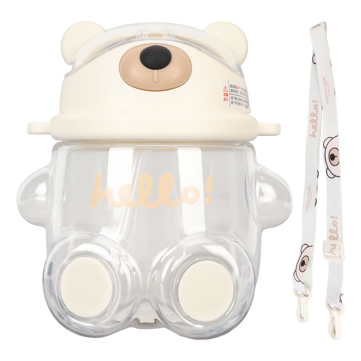 Бутилка за вода във формата на мече, Enforose, 700 мл, със сламка и регулируема презрамка, бяла