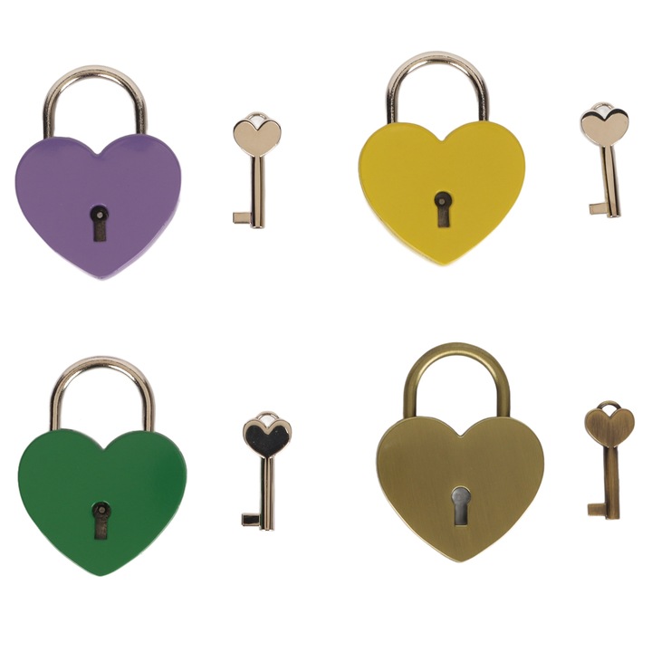 Комплект 4 катинара във формата на сърце, различни, издръжлива сплав, за дневник, кутия, куфар