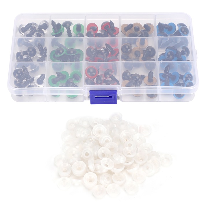 Set 100 Ochi de Papusa cu Manson din Cauciuc, Enforose, Multicolor, pentru Jucarii DIY