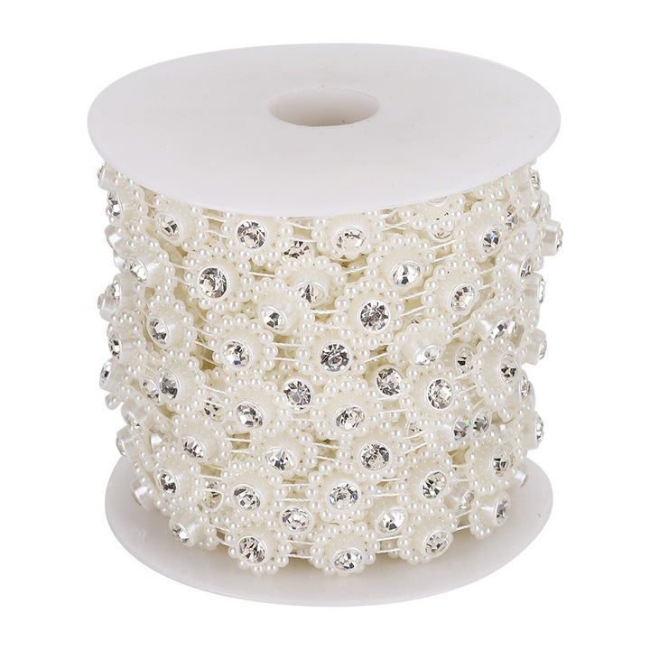 Snur decorativ de margele de perle artificiale Enforose, 10m, alb, cu diamante artificiale