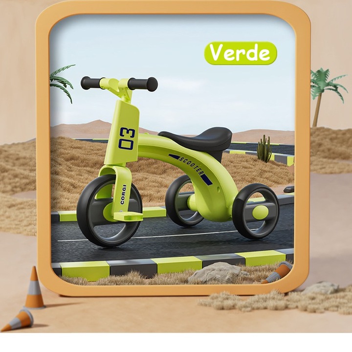 Триколка за деца, с педали, озвучителна система, система за осветление, система против преобръщане, гладки ръбове, безшумни колела, възраст 1-3 години, зелен