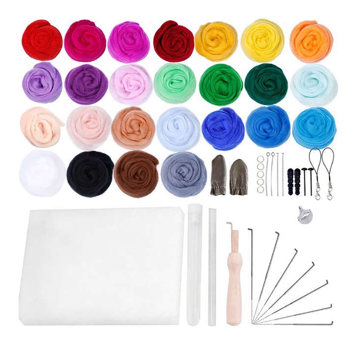 Kit de pasla cu ace 25 de culori Lana pufoasa, moale, ecologica, operare usoara, set de pasla pentru cusut manual