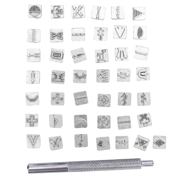 Set 43 stampile din zinc cu 1 maner, Enforose, pentru artizanat din piele, 10mm