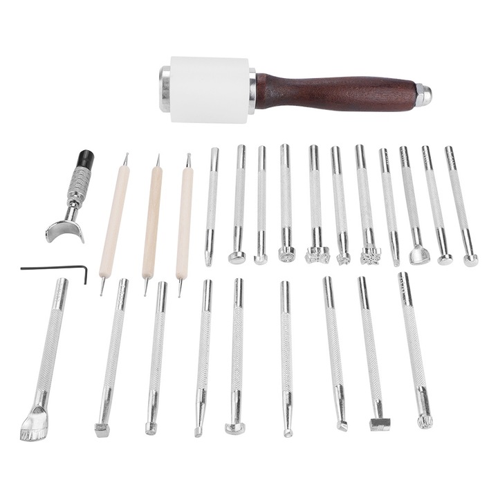 Set de instrumente pentru stantare piele, Enforose, 25 piese, metal/lemn
