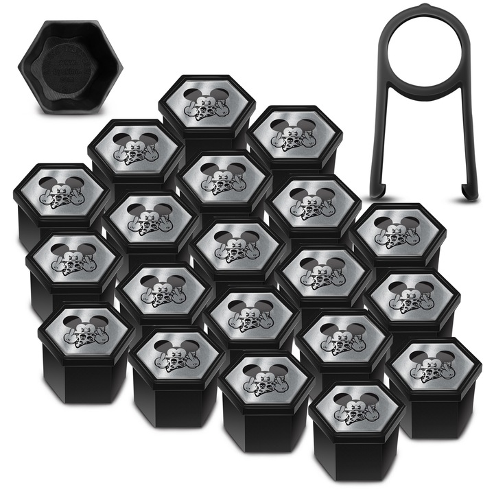 SkinoEu kerékanya és csavar sapka készlet, 17mm + szétszerelő kulcs, univerzális, fekete / ezüst, Mickey egér, NC 10, 20db