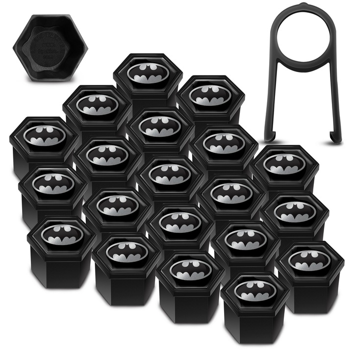 SkinoEu kerékanya és csavar sapka készlet, 17mm + szétszerelő kulcs, univerzális, fekete / ezüst, Batman, NC 21, 20db