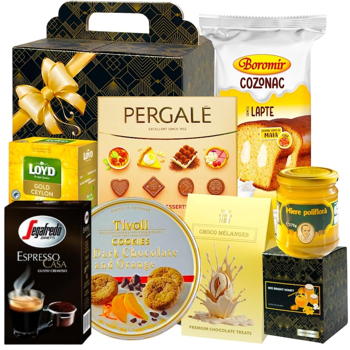 Cos Cadou Fara Alcool, CADOURI RAFINATE, model Elegant, cu Fursecuri Daneze cu Unt, Choco Melanges Migdale in Ciocolata Alba, Miere Poliflora, Cozonac cu Crema de Lapte, Cafea, Ceai, Praline, Cutie pentru Cadouri Premium, 8 Articole