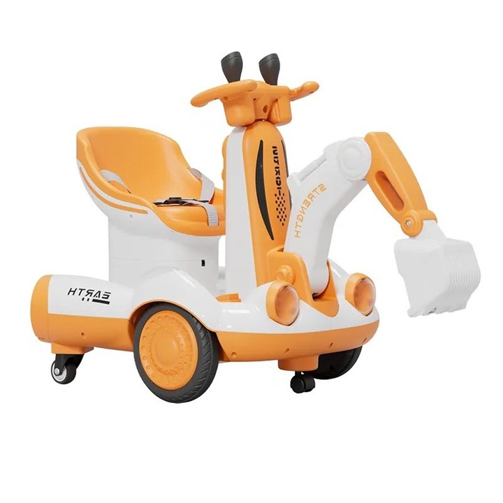 Utilaj Electric tip Excavator, Comando Kids, Brat Electric Mobil, Maneta Control, Spatar, Centura de Siguranta, Sistem de Iluminare, Sistem Sonorizare, Ghidon cu Rotire 360 Grade, Varsta 2-7 Ani, Galben