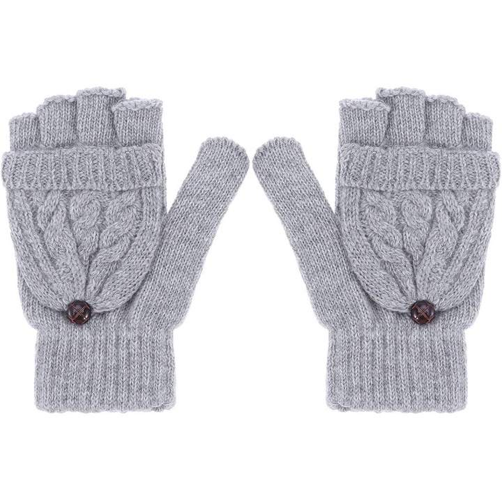 Дамски плетени ръкавици, с капак за пръсти, светли, сиви, дизайн без пръсти