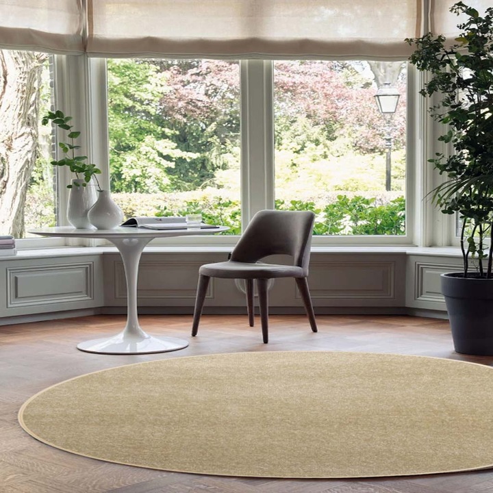 Covor Rotund, elSimone, 200 x 200 cm, Bej, Fir Scurt Si Moale, Suport Pasla Confortabil, Izolare Termica, Ideal Living Sau Dormitor