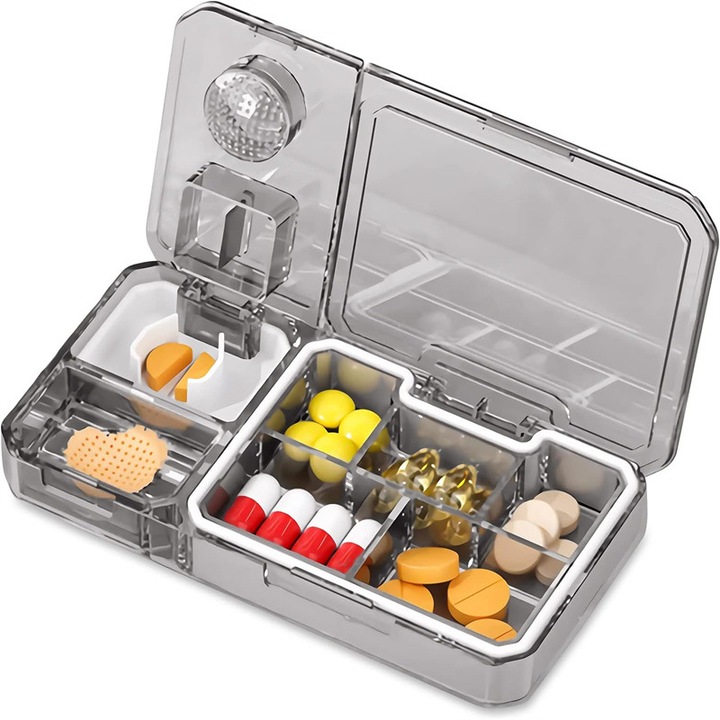 Органайзер за лекарства 3 в 1, 6.8x12.5x2.2cm, с функция за рязане и точене, преносим, акрил/силикон, сив