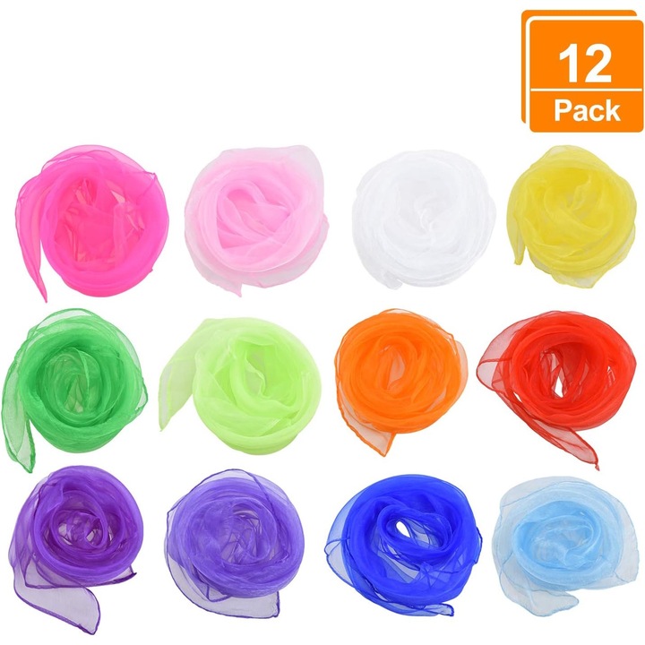 Jormftte 12 db-os zsonglőr kendő készlet, 60x60 cm, többszínű, gyermekeknek, táncos tevékenységekhez és interaktív játékokhoz