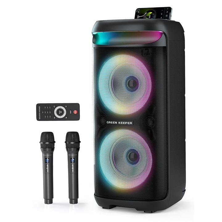 Kарaоке Bluetooth тонколона 400W с 2 безжични микрофона, преносима парти уредба с батерия 5400mAh 8ч, TWS, LED светлини, USB, AUX, FM радио – GREEN KEEPER
