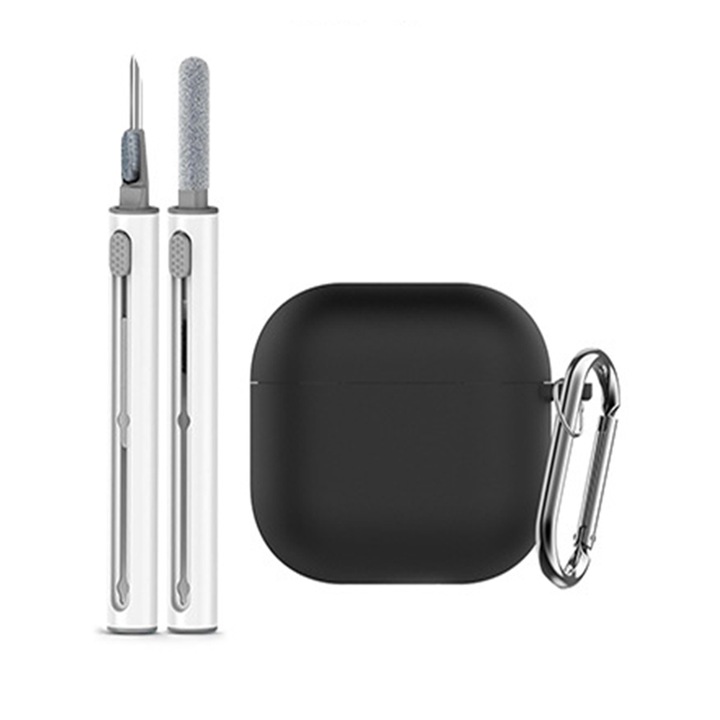 Силиконов защитен калъф за AirPods 4, Yhemday®, с инструмент за почистване на слушалки, с ключодържател с карабинер, черен