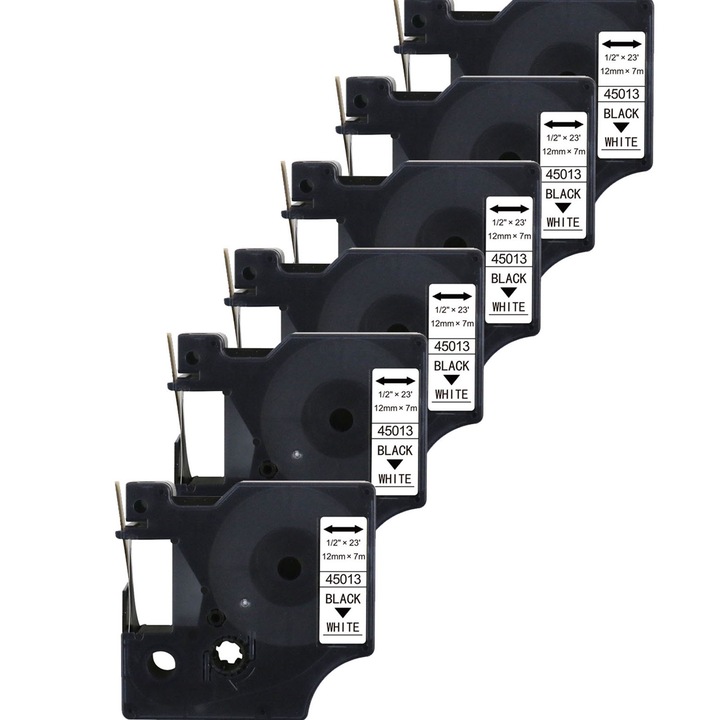 Set 6 Banda Compatibila, SINBINTA, Text Negru pe Fundal Alb, Adeziv puternic, Rezistent la temperatura si apa, Fara urme de lipici usor de decojit si aplicat, Pentru afaceri, acasa sau industriale, Plastic, 7m*12mm, Negru pe alb