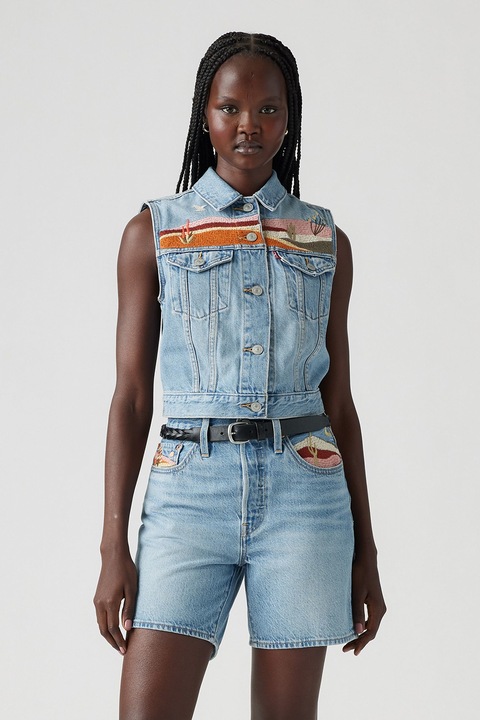 Levi's, Vesta din denim cu detalii brodate, Albastru deschis melange, XS