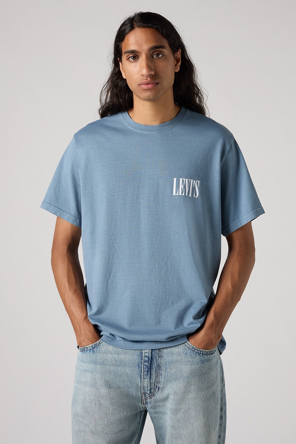 Levi's, Tricou lejer de bumbac, Alb, Albastru azur, M