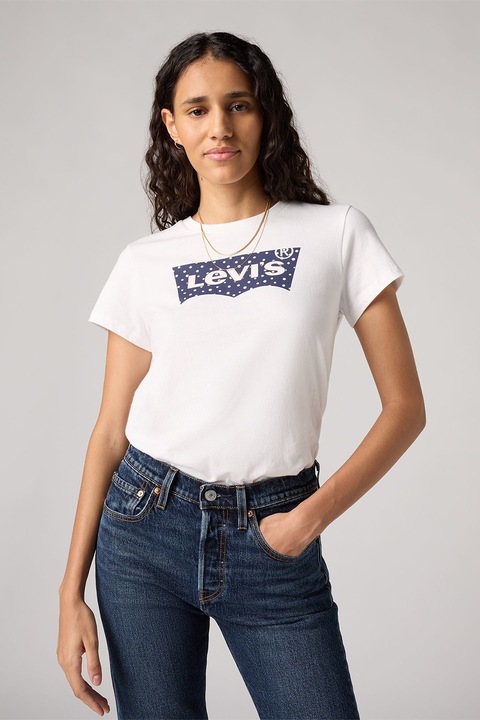 Levi's, Kerek nyakú pamutpóló, Fehér/Tengerészkék