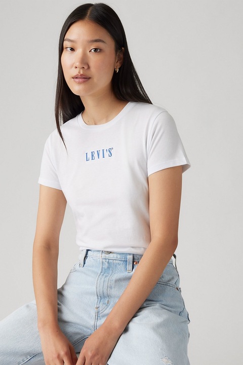 Levi's, Памучна тениска с овално деколте, Бял/Тюркоаз