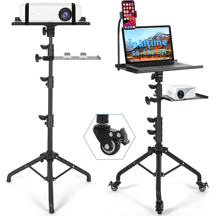 Suport Videoproiector Tressino, Pliabil, Inaltime Ajustabila 55x130cm, Negru, Include Suport Telefon si Laptop