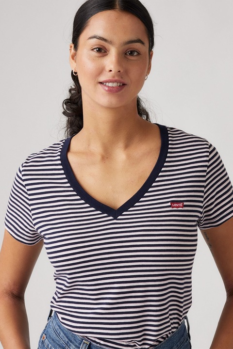 Levi's, Tricou din bumbac cu decolteu in V si dungi, Alb/Albastru ultramarin