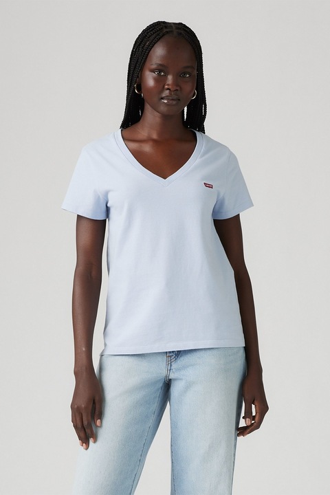 Levi's, Tricou din bumbac cu decolteu in V si dungi, Rosu/Albastru deschis