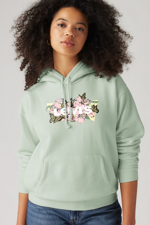 Levi's, Hanorac din amestec de bumbac cu logo si imprimeu floral, Roz pastel/Verde pal/Alb murdar