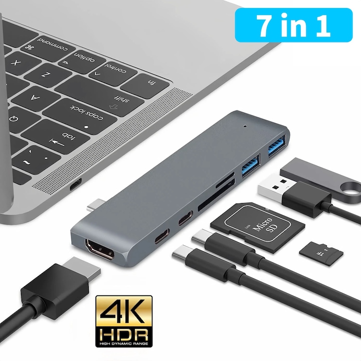 USBC докинг станция, 7 в 1, 1x USB-C 60W зареждане, 1x USB-C, HDMI, 2xUSB 3.0, 1x четец на микро SD карти, 1x четец на SD карти, универсален, алуминиев