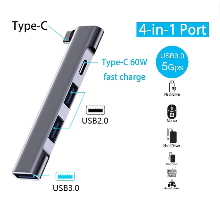 Докинг станция 4 в 1 USB Type-C, директна връзка, iPad, наличен мобилен телефон, Type-C бързо зареждане 60W + USB2.0*2+USB3.0*1, алуминий