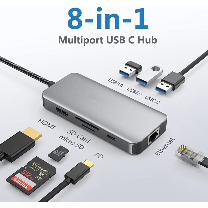 USB-C докинг станция, 8 в 1, 1000 Mbps Gigabit Ethernet порт, 4k HDMI, VGA порт, 2x USB3.0, 1xUSB2.0, 1x USB-C PD порт, 1 x SD карта, 1x Micro SD карта, универсален, Алуминий