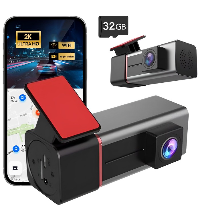 Камера за кола, BYONDSELF®, Full HD 2K, 170° широкоъгълен запис, WiFi, включена 32G карта с памет, 360° завъртане, гласово предупреждение, цикличен запис, G-сензор