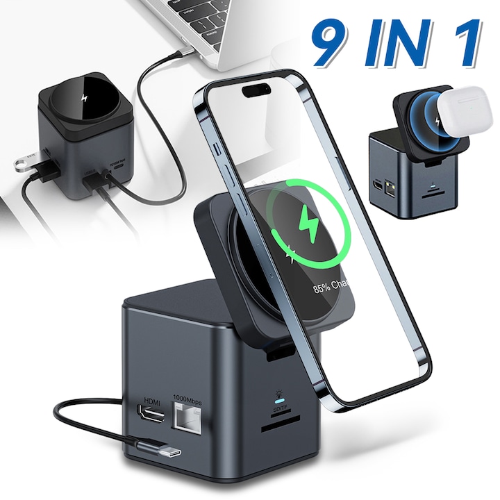 Statie de Andocare USB Type-C, Lurelia, 9 in 1, 15W incarcare magnetica fara fir, Compatibil cu sistemul WINDOWS/Apple os Linux, 1000Mbps, 1x HDMI 4K, 1x Port PD100W, 3x USB3.0, 1x Port USB-C Date, 1x Slot Card SD, 1x Slot Card TF, Aluminiu, Gri inchis