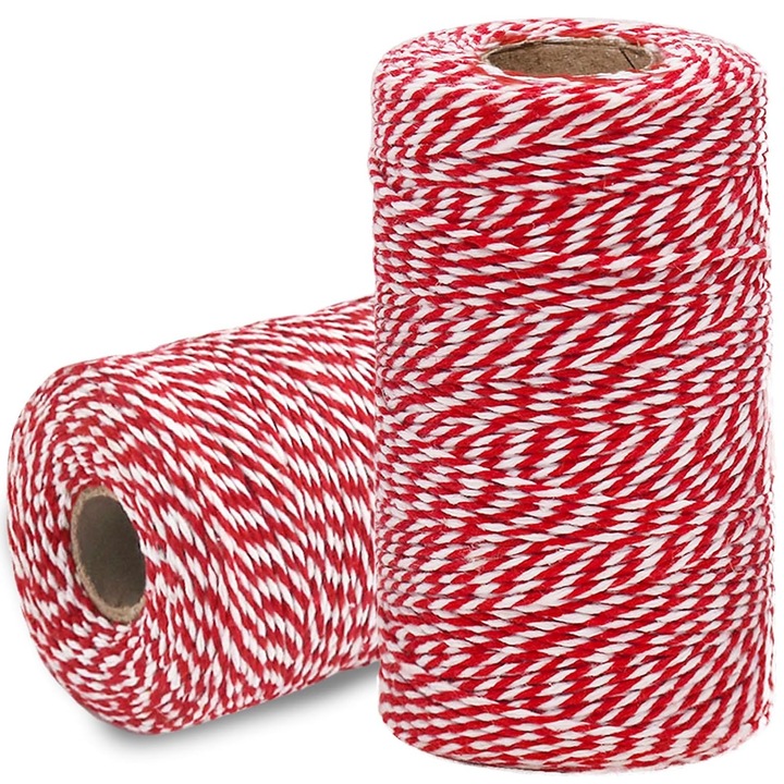 Канап за декорация, за макраме, Hggzeg, 2 ролки, 2 mm x 100 m, 100% памук, За опаковане на подаръци, празнични декорации, DIY занаяти, Лесен за използване и съхранение, Червено/бяло